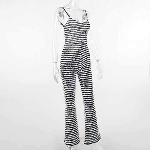 New Black and White Striped Knitted Flare Backless Jumpsuit CODE: KAR1859