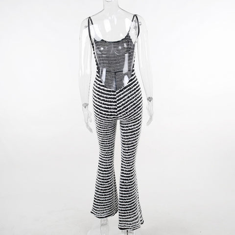 New Black and White Striped Knitted Flare Backless Jumpsuit CODE: KAR1859
