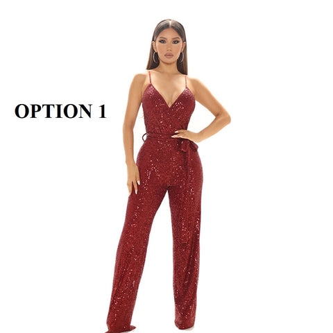 New Luxury Designer High-end Solid Sequined High Waist Wide Leg Jumpsuits CODE: KAR1861