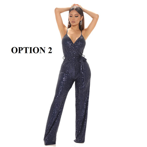New Luxury Designer High-end Solid Sequined High Waist Wide Leg Jumpsuits CODE: KAR1861