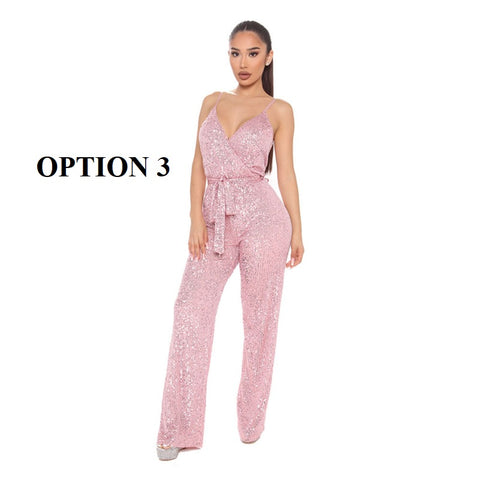 New Luxury Designer High-end Solid Sequined High Waist Wide Leg Jumpsuits CODE: KAR1861