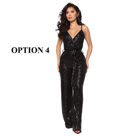 New Luxury Designer High-end Solid Sequined High Waist Wide Leg Jumpsuits CODE: KAR1861