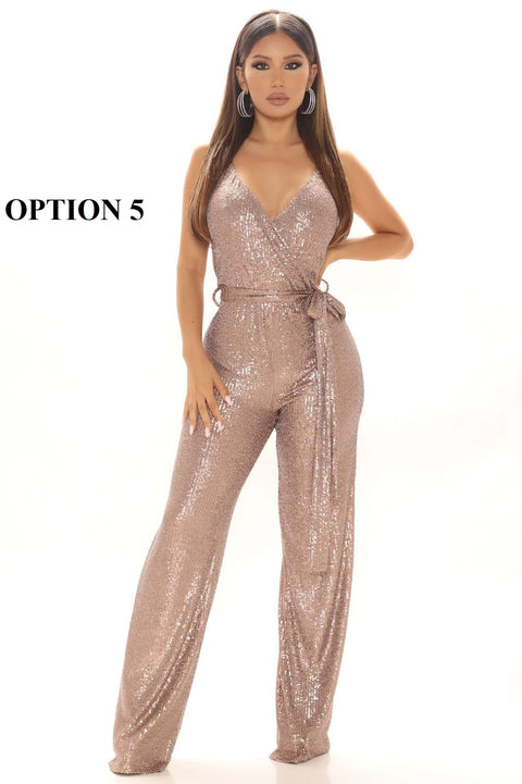 New Luxury Designer High-end Solid Sequined High Waist Wide Leg Jumpsuits CODE: KAR1861