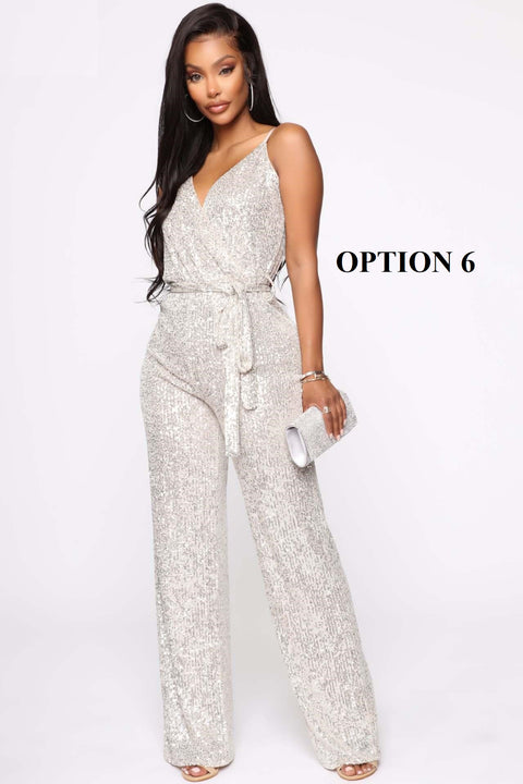 New Luxury Designer High-end Solid Sequined High Waist Wide Leg Jumpsuits CODE: KAR1861