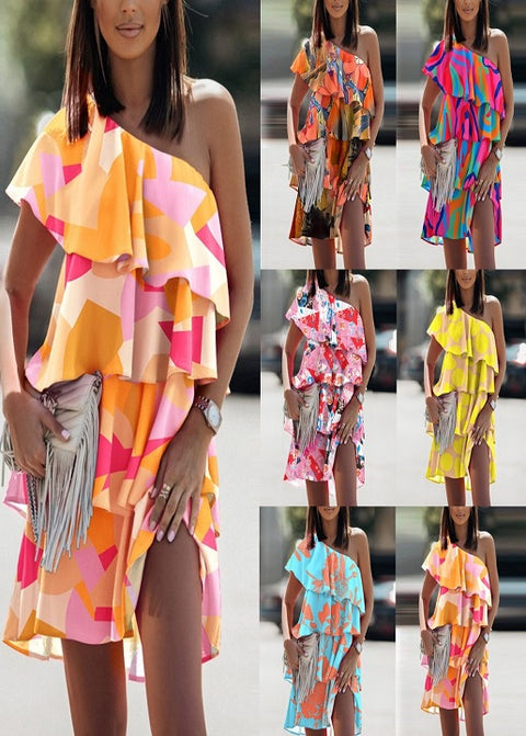 Summer Fashion Beach Style Diagonal Neck Sleeveless Print Floral Ruffle Mini Dress CODE: KAR1870