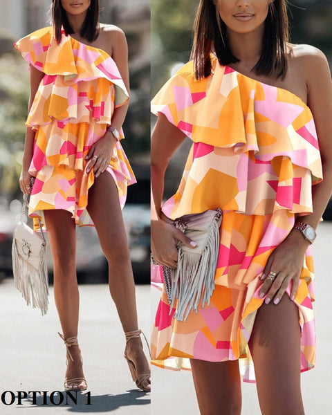 Summer Fashion Beach Style Diagonal Neck Sleeveless Print Floral Ruffle Mini Dress CODE: KAR1870