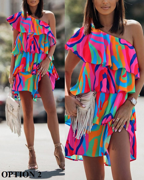 Summer Fashion Beach Style Diagonal Neck Sleeveless Print Floral Ruffle Mini Dress CODE: KAR1870