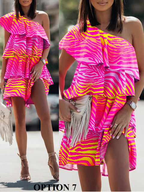 Summer Fashion Beach Style Diagonal Neck Sleeveless Print Floral Ruffle Mini Dress CODE: KAR1870