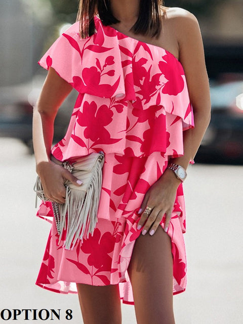 Summer Fashion Beach Style Diagonal Neck Sleeveless Print Floral Ruffle Mini Dress CODE: KAR1870
