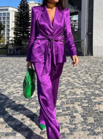 Autumn Fashion Satin Tied Blazer Pant Two Piece Set CODE: KAR1876
