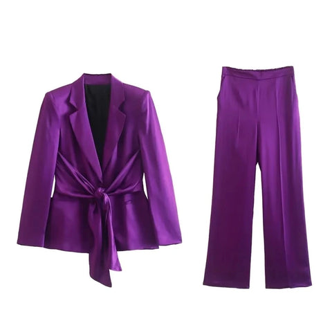 Autumn Fashion Satin Tied Blazer Pant Two Piece Set CODE: KAR1876