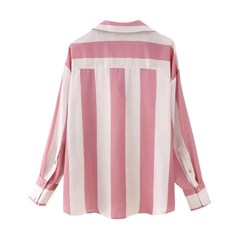 New Fashion Satin Drape Stripe Loose Long-sleeved Casual Shirt CODE: KAR1884