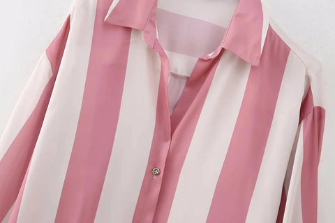 New Fashion Satin Drape Stripe Loose Long-sleeved Casual Shirt CODE: KAR1884