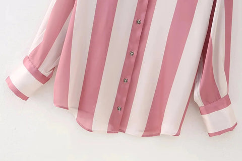 New Fashion Satin Drape Stripe Loose Long-sleeved Casual Shirt CODE: KAR1884