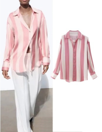 New Fashion Satin Drape Stripe Loose Long-sleeved Casual Shirt CODE: KAR1884