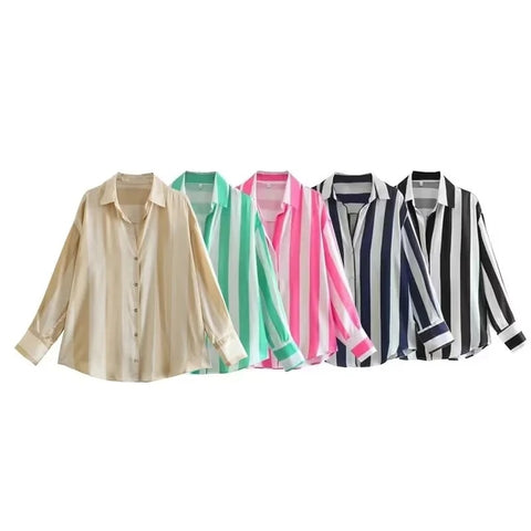 New Fashion Satin Drape Stripe Loose Long-sleeved Casual Shirt CODE: KAR1884