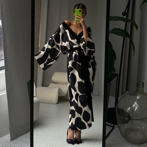 Sexy Printing Dairy Cattle Robe Long Sleeve V Neck Kimono Cardigan Loose Dress CODE: KAR1899