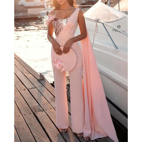Autumn New Fashion One Shoulder Feather Detail Extra-Long Sleeve Sequin Jumpsuit CODE: KAR1903