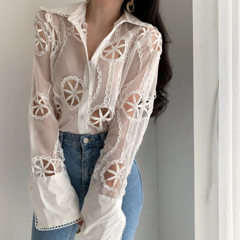 New Turn Down Collar Long Sleeve Hollow Out Flower Embroidery Shirt CODE: KAR1905