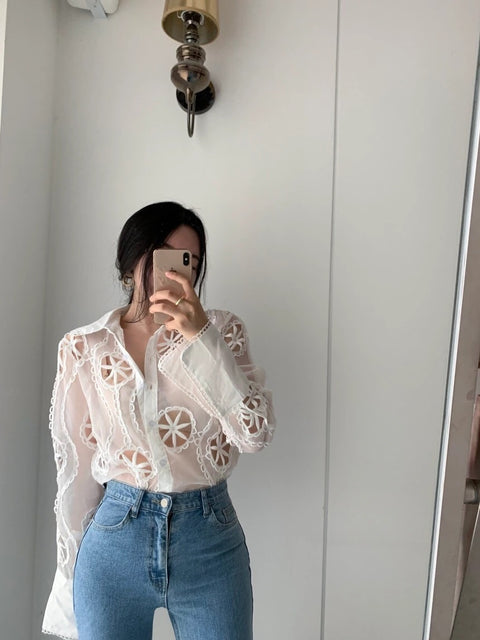 New Turn Down Collar Long Sleeve Hollow Out Flower Embroidery Shirt CODE: KAR1905