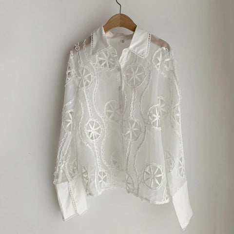 New Turn Down Collar Long Sleeve Hollow Out Flower Embroidery Shirt CODE: KAR1905