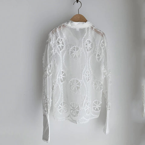 New Turn Down Collar Long Sleeve Hollow Out Flower Embroidery Shirt CODE: KAR1905