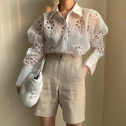 New Turn Down Collar Long Sleeve Hollow Out Flower Embroidery Shirt CODE: KAR1905