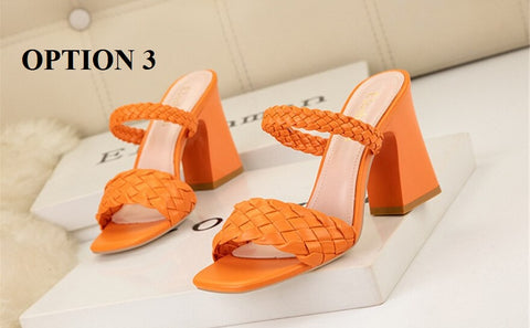 Summer Casual Fashion Weave  Square Toe Thick Heel CODE: KAR1908