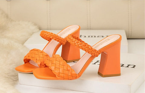 Summer Casual Fashion Weave  Square Toe Thick Heel CODE: KAR1908