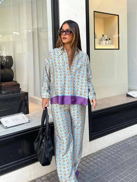 Autumn Casual Print Color Block Silk Satin Shirt   Wide Leg Straight Pant Set CODE: KAR1910