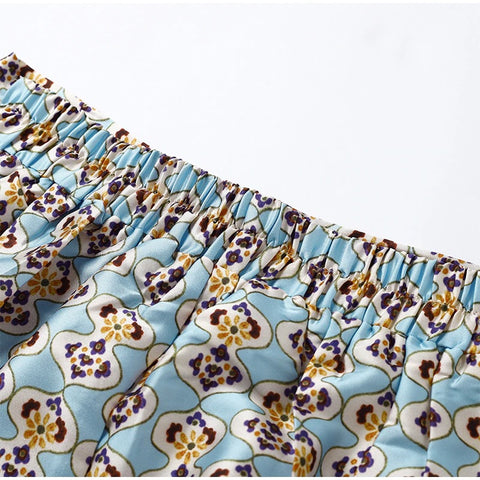 Autumn Casual Print Color Block Silk Satin Shirt   Wide Leg Straight Pant Set CODE: KAR1910