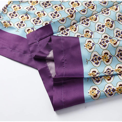Autumn Casual Print Color Block Silk Satin Shirt   Wide Leg Straight Pant Set CODE: KAR1910