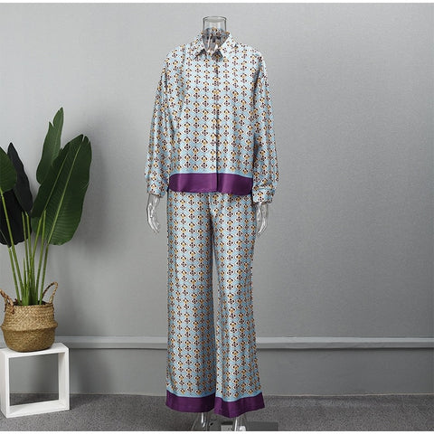 Autumn Casual Print Color Block Silk Satin Shirt   Wide Leg Straight Pant Set CODE: KAR1910