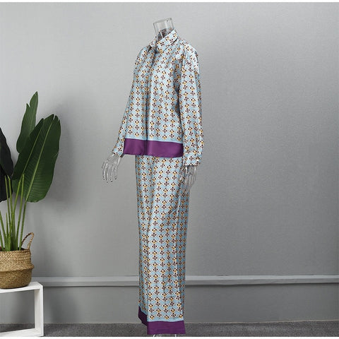 Autumn Casual Print Color Block Silk Satin Shirt   Wide Leg Straight Pant Set CODE: KAR1910