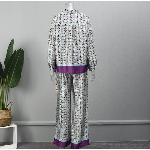 Autumn Casual Print Color Block Silk Satin Shirt   Wide Leg Straight Pant Set CODE: KAR1910