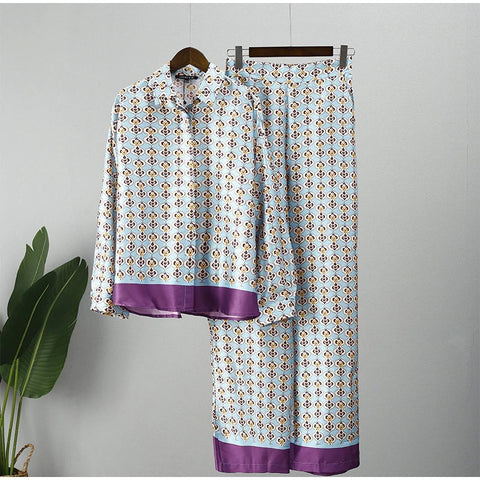 Autumn Casual Print Color Block Silk Satin Shirt   Wide Leg Straight Pant Set CODE: KAR1910