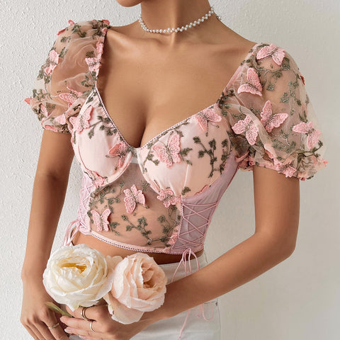 New Backless Fishbon Corset Built In Bra Butterfly Embroidery Mesh Patchwork Lace-up Blouse CODE: KAR1917