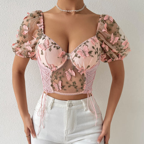 New Backless Fishbon Corset Built In Bra Butterfly Embroidery Mesh Patchwork Lace-up Blouse CODE: KAR1917