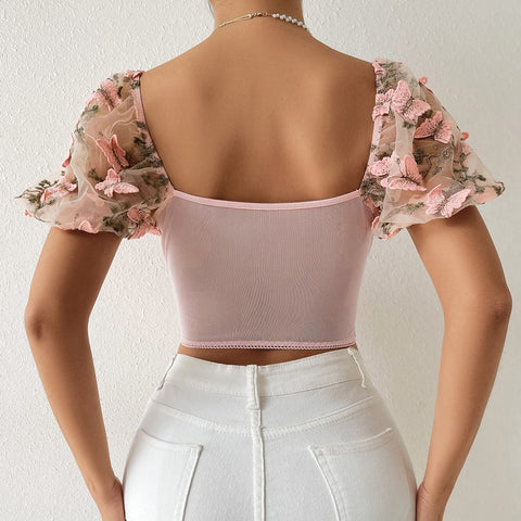 New Backless Fishbon Corset Built In Bra Butterfly Embroidery Mesh Patchwork Lace-up Blouse CODE: KAR1917