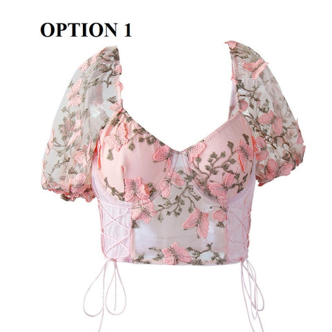 New Backless Fishbon Corset Built In Bra Butterfly Embroidery Mesh Patchwork Lace-up Blouse CODE: KAR1917