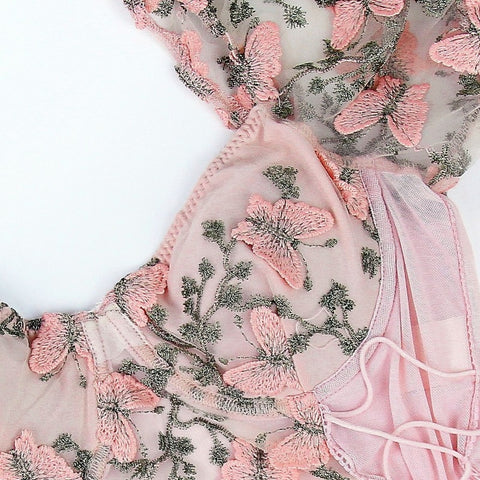 New Backless Fishbon Corset Built In Bra Butterfly Embroidery Mesh Patchwork Lace-up Blouse CODE: KAR1917