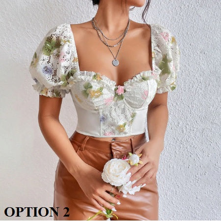 New Backless Fishbon Corset Built In Bra Butterfly Embroidery Mesh Patchwork Lace-up Blouse CODE: KAR1917