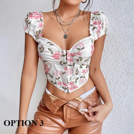 New Backless Fishbon Corset Built In Bra Butterfly Embroidery Mesh Patchwork Lace-up Blouse CODE: KAR1917