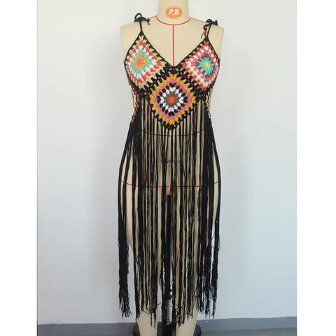 New Crochet Bohemia Long Fringe Tassel Beach Cover-ups swimwear CODE: KAR1924