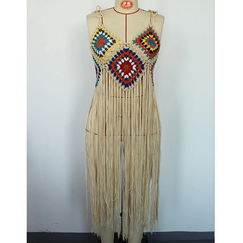 New Crochet Bohemia Long Fringe Tassel Beach Cover-ups swimwear CODE: KAR1924