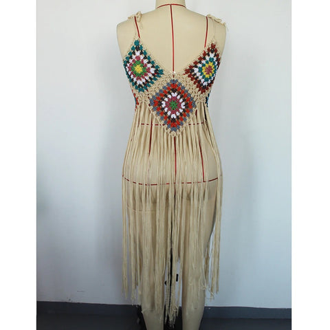 New Crochet Bohemia Long Fringe Tassel Beach Cover-ups swimwear CODE: KAR1924