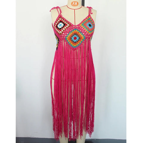 New Crochet Bohemia Long Fringe Tassel Beach Cover-ups swimwear CODE: KAR1924