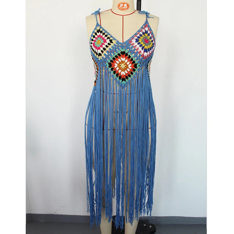 New Crochet Bohemia Long Fringe Tassel Beach Cover-ups swimwear CODE: KAR1924