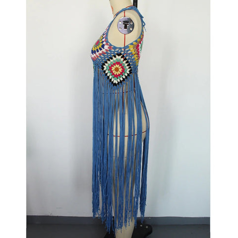 New Crochet Bohemia Long Fringe Tassel Beach Cover-ups swimwear CODE: KAR1924