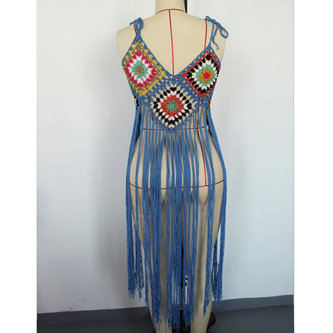 New Crochet Bohemia Long Fringe Tassel Beach Cover-ups swimwear CODE: KAR1924